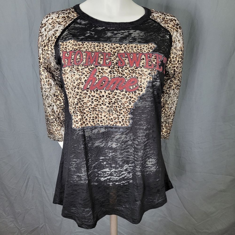 Southern Grace Arkansas Home Sweet Home Black & Leopard Burnout Baseball T-Shirt